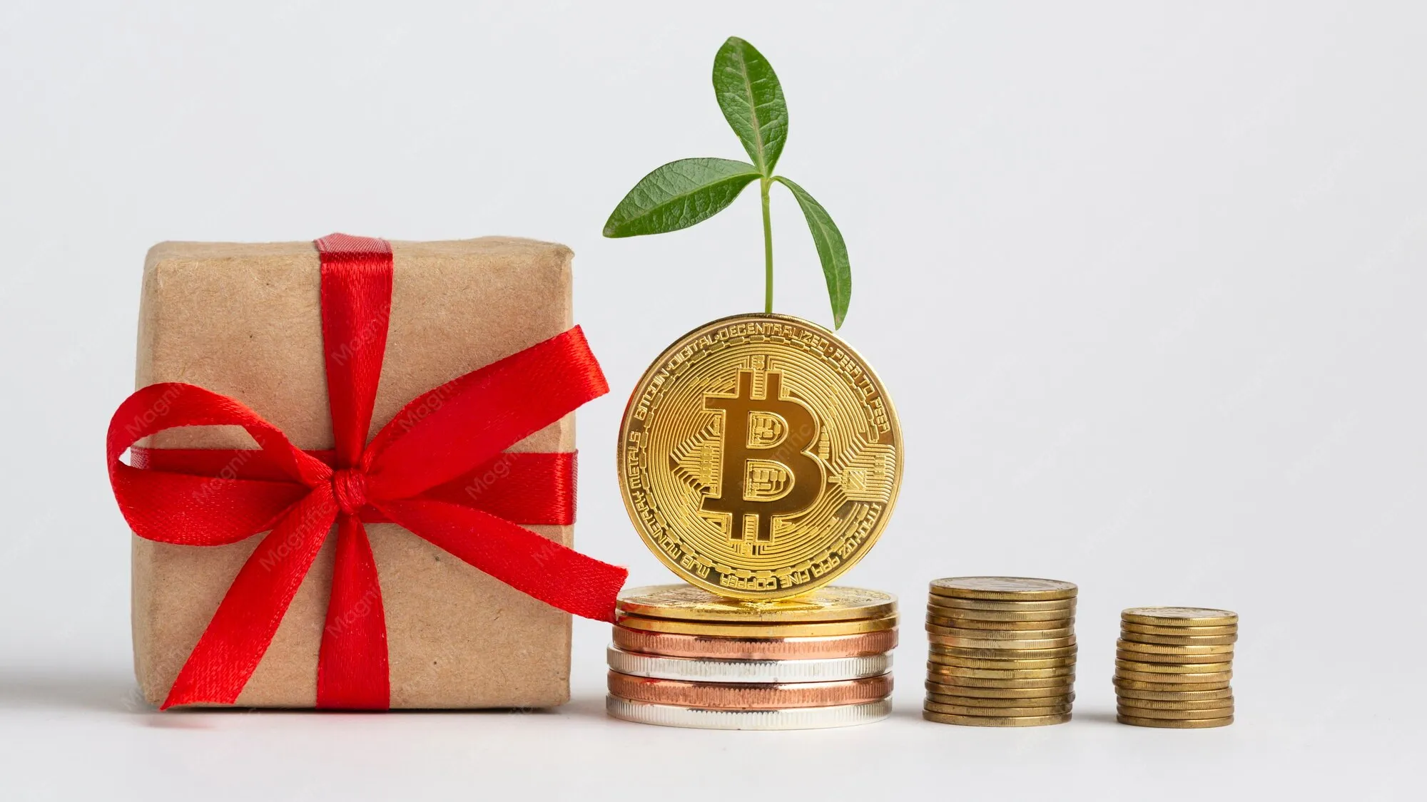 Gaveeske, bitcoin og mynter som symbol på kryptobonus