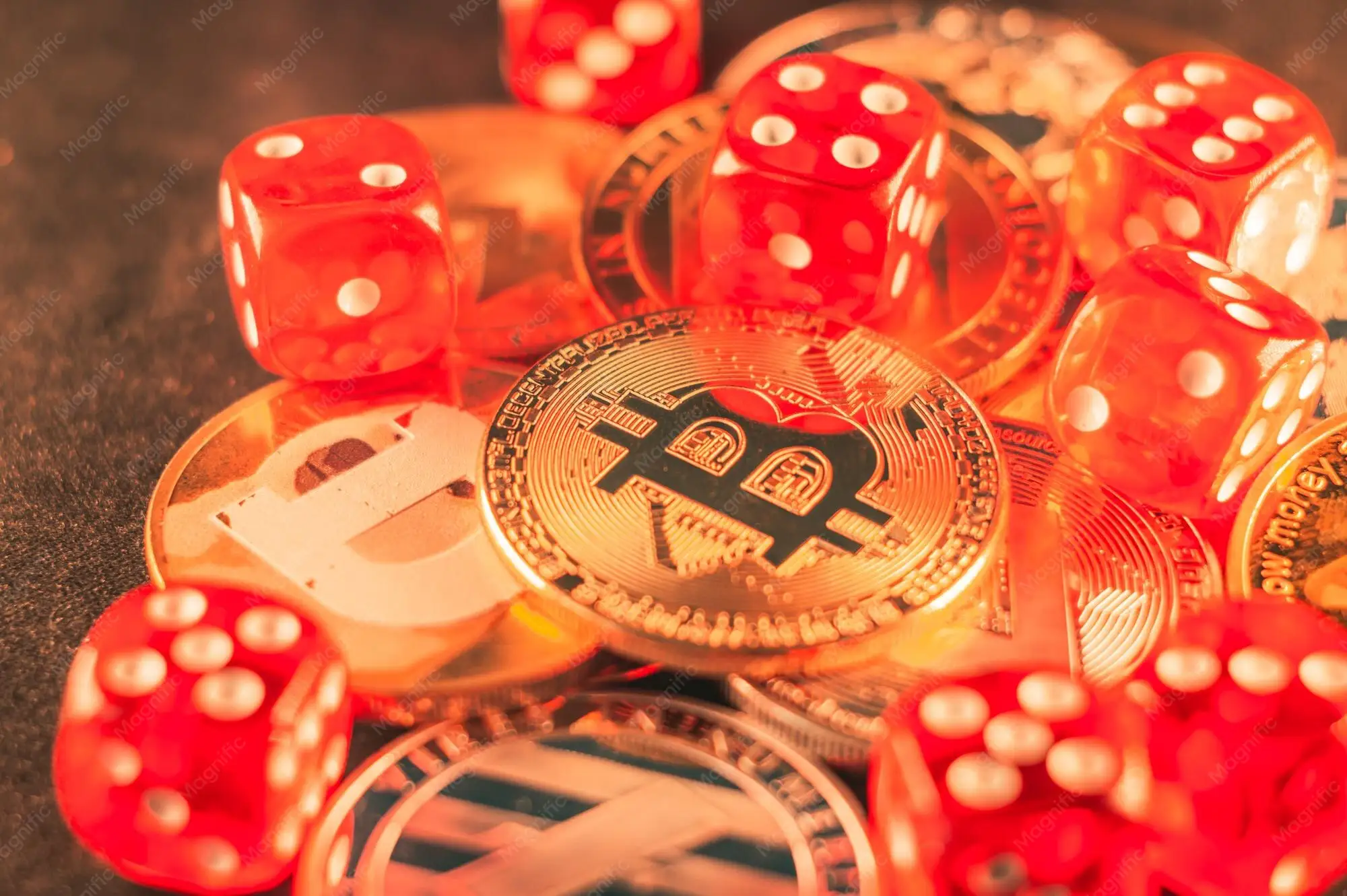 Bitcoin og Litecoin omgitt av røde casinoterninger