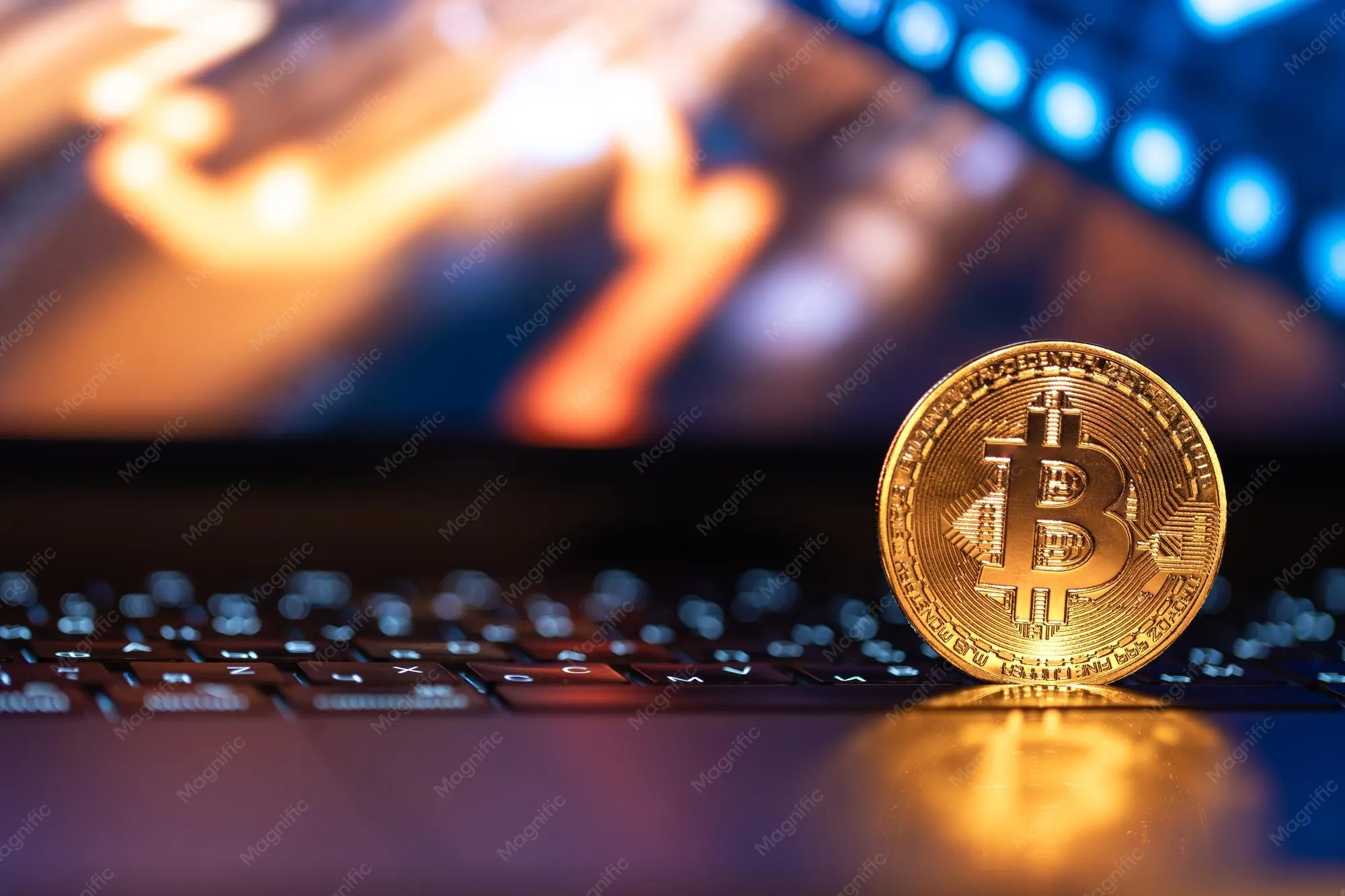 Bitcoin-mynt på tastatur foran en bærbar PC