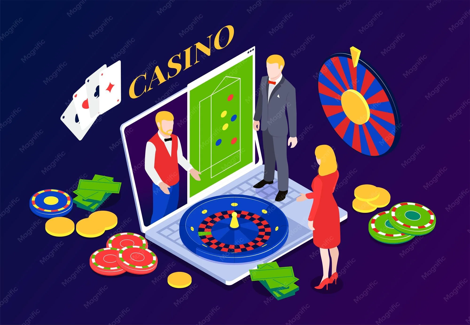 Isometrisk nettcasino med rulett, kort og casinochips